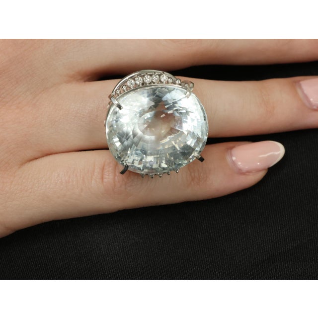 Late 20th Century Rare 62.78ct Natural Aquamarine & 0.25ct Diamond Platinum Ring, 29.1g Size 6 For Sale - Image 10 of 18