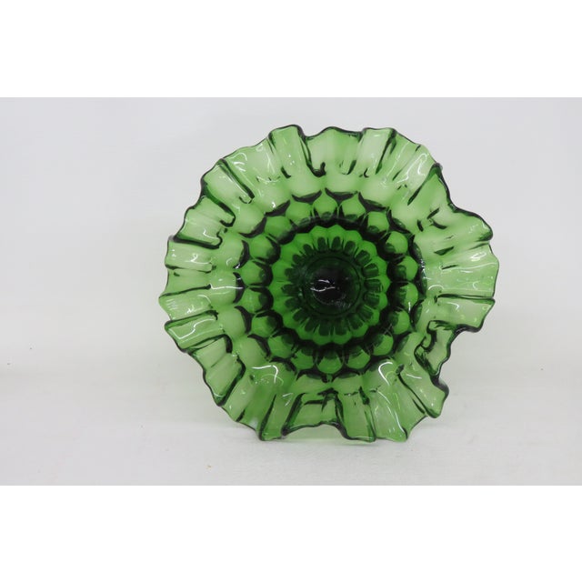 Mid 20th Century Fenton Green Thumbprint Style Ruffled Pedestal Large Compote Candy Dish 4570b For Sale - Image 5 of 15