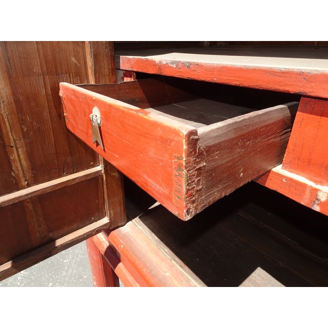 Wood Antique Chinese Asian Red Lacquer Butterfly Cabinet ~ Wedding Storage Chest For Sale - Image 7 of 16