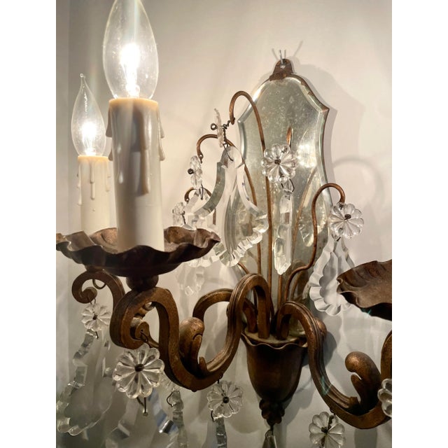 French Pair of French 3-Arm Candelabra Crystal Mirror Sconces For Sale - Image 3 of 13