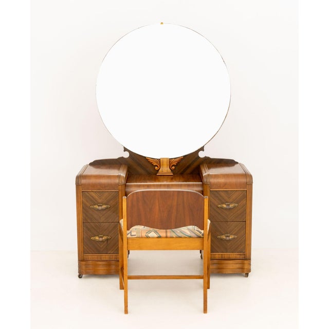 American Art Deco Mirrored Marquetry Inlaid Walnut Vanity and Chair, the dressing table with two rows of three drawers...