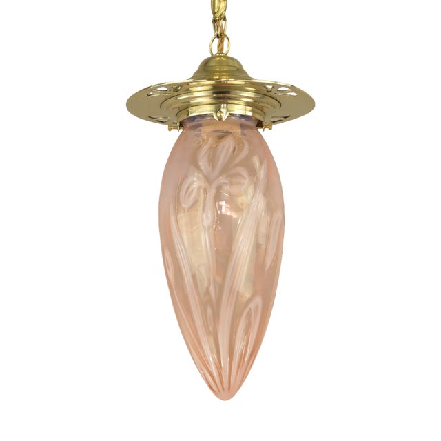 Art Nouveau Pendant Lamp with Floral Opal Glass Shade, 1890s For Sale
