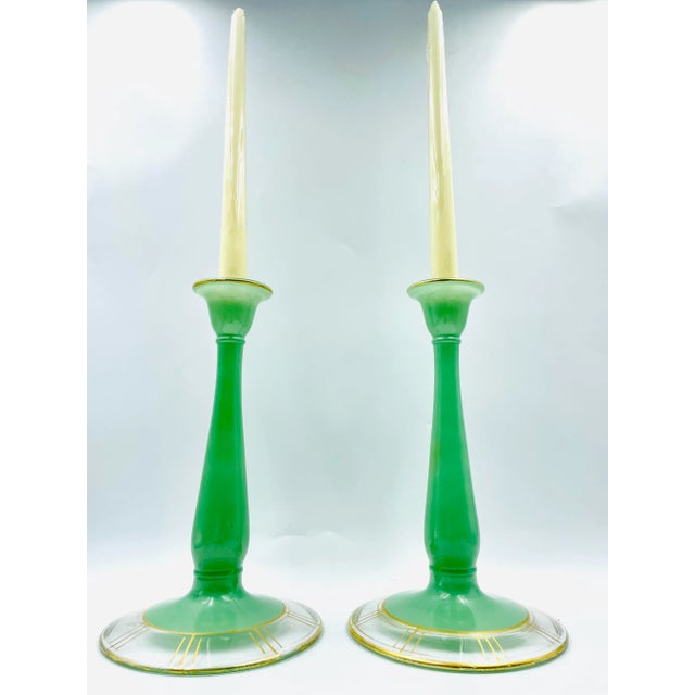 Early 20th Century Art Deco JadeiteStyle Candle Holders With Chronograph Gold Leaf Motif a