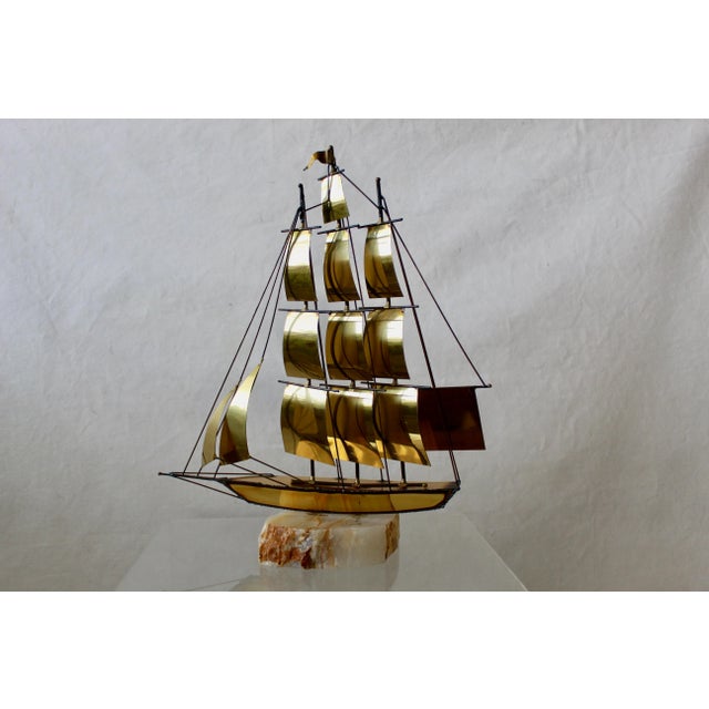 Signed Jere Vintage Mid Century Brass Onyx Three Mast Sailing Yacht Boat Sculpture, very good condition