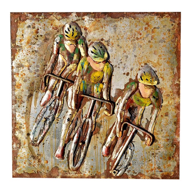 Late 20th Century Original Sculptural Metal Wall Art Piece Depicting Racing Bicyclists For Sale
