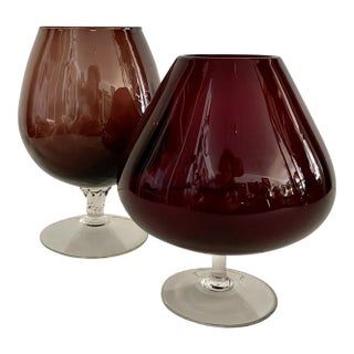 Set of 2 Italian Burgundy Glass Goblets From 70's For Sale