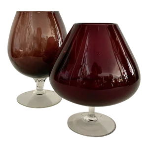 Set of 2 Italian Burgundy Glass Goblets From 70's