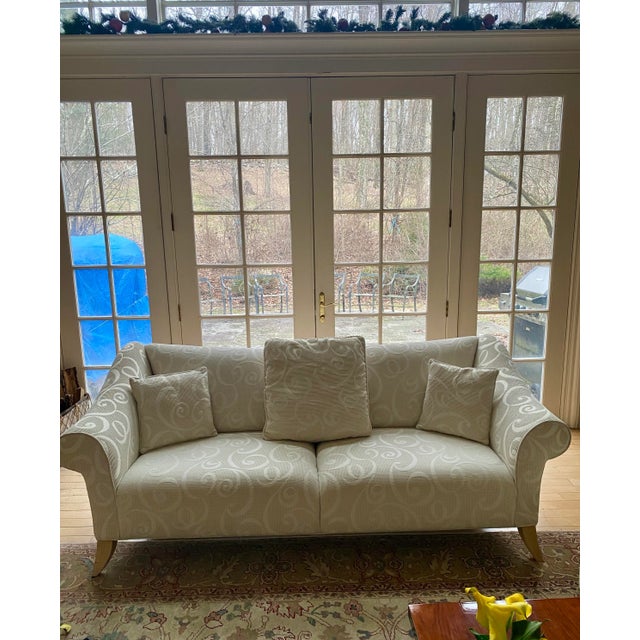 Contemporary White Fabric Sofa With Swirl Pattern, Blond Wood Curved Legs For Sale - Image 4 of 8