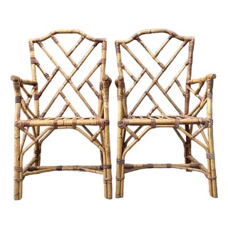 Vintage Chinese Chippendale Rattan Dining Chairs - A Pair For Sale
