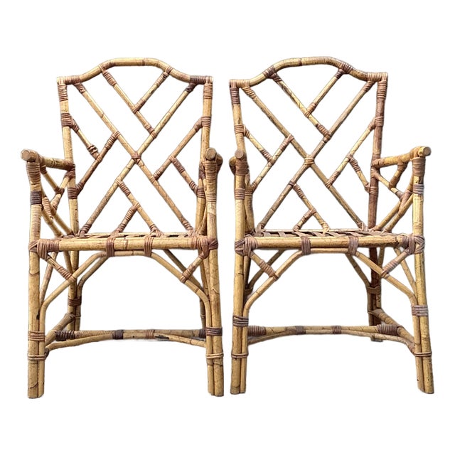 Vintage Chinese Chippendale Rattan Dining Chairs - A Pair For Sale