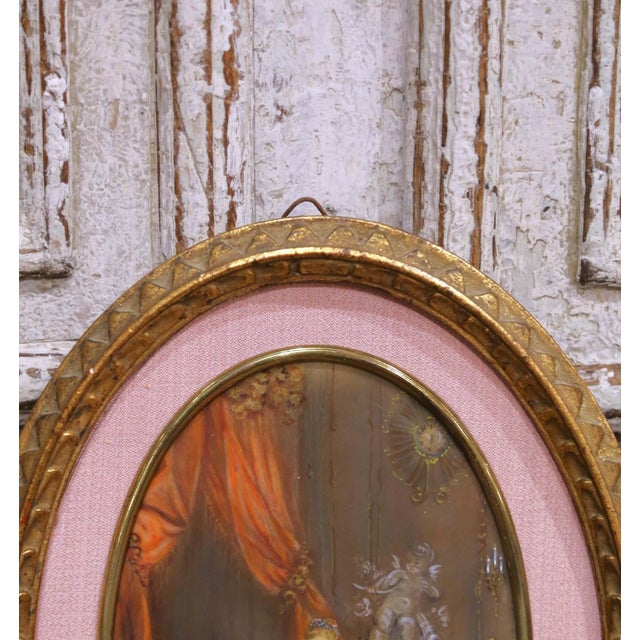 Pair Mid-Century French Painted Genre Scene Oval Glass Pendants in Gilt Frames For Sale - Image 10 of 11