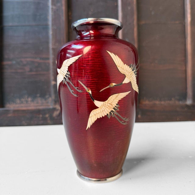 Black Shippo-Yaki Cloisonné Vase Cranes, Andō Shippōten, 1970s For Sale - Image 8 of 18