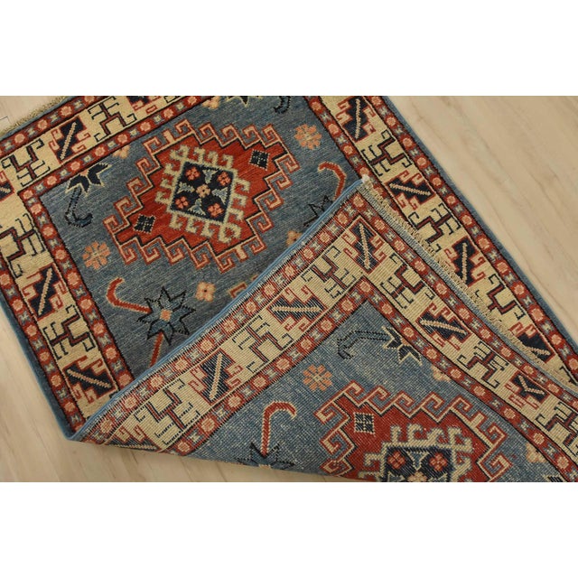 Kazak Rug 2’8” X 4′ Blue Wool Tribal Hand-Knotted Oriental Carpet For Sale - Image 9 of 10