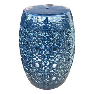 Clark Blue Glaze Scrollwork Garden Stool For Sale