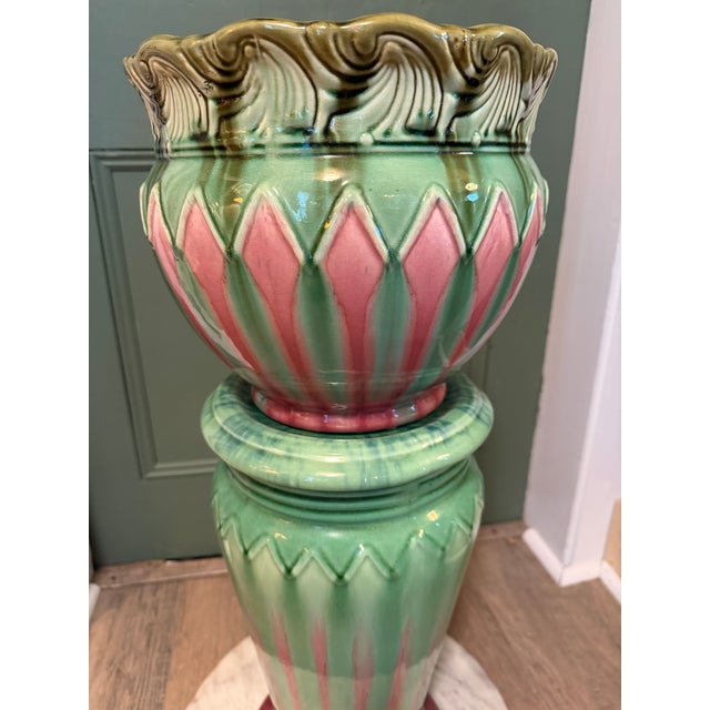 1910s Monumental Antique Weller Pottery Blended Majolica Jardiniere & Pedestal Set For Sale - Image 5 of 14