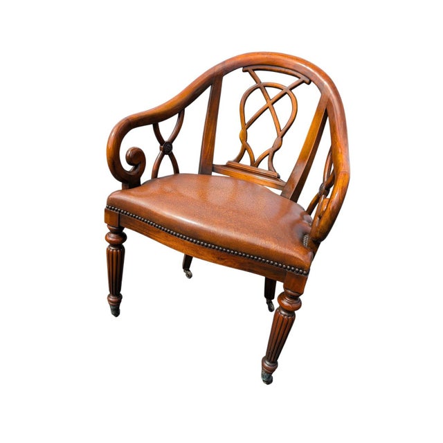 English Late 20th Century Pair of Traditional Walnut Leather Upholstered Armchairs With Cabriole Scroll Arms For Sale - Image 3 of 10