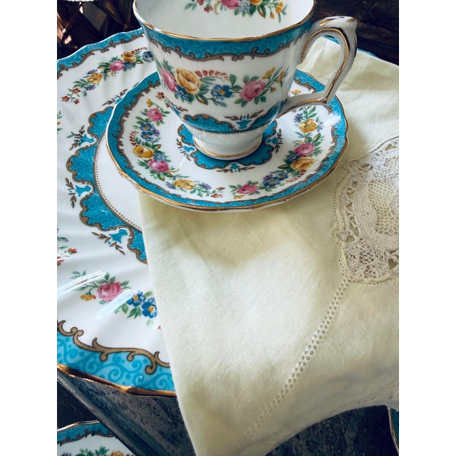 Sky Blue Vintage Crown Staffordshire Lyric Tunis Blue Fine Bone China – 6 Small Teacups & Saucers – 12 Piece Set – England For Sale - Image 8 of 12
