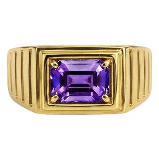 Art Deco Signet Ring for Men With Amethyst, Silver, Gold, Size 10 For Sale