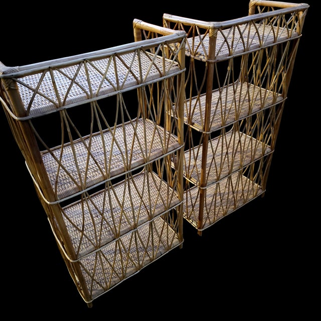 Pair of Mid 20th Century Bamboo and Rattan Four-Shelf Etageres For Sale - Image 4 of 6