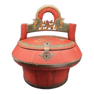 Antique Chinese Red Laquer Wedding Basket For Sale