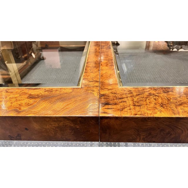 1970s Century Furniture Burl Wood and Brass Dining Table (Two Leaves) For Sale In Boston - Image 6 of 10