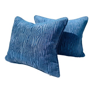 Contemporary Royal Blue Faux Bois Chenille Pillows- a Pair. For Sale