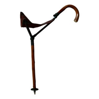 20th Century English Hunting Walking Stick with Seat in Bamboo, Leather and Metal, 1960s For Sale