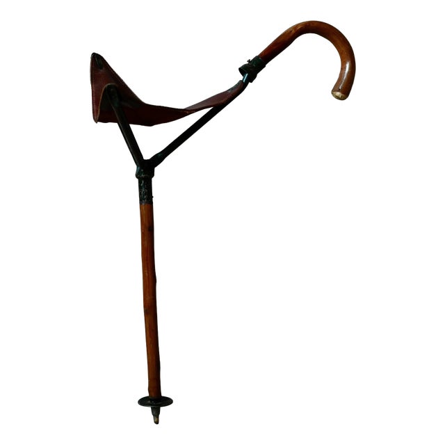 20th Century English Hunting Walking Stick with Seat in Bamboo, Leather and Metal, 1960s For Sale