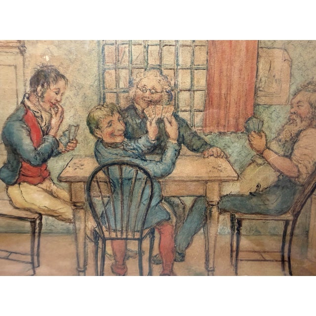 Paint Antique 19th Century Original Men Playing Cards at Table Watercolor Painting For Sale - Image 7 of 13
