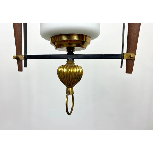 Metal Teak & Opaline Glass Metal Pendant Light, Italy, 1960s For Sale - Image 7 of 11
