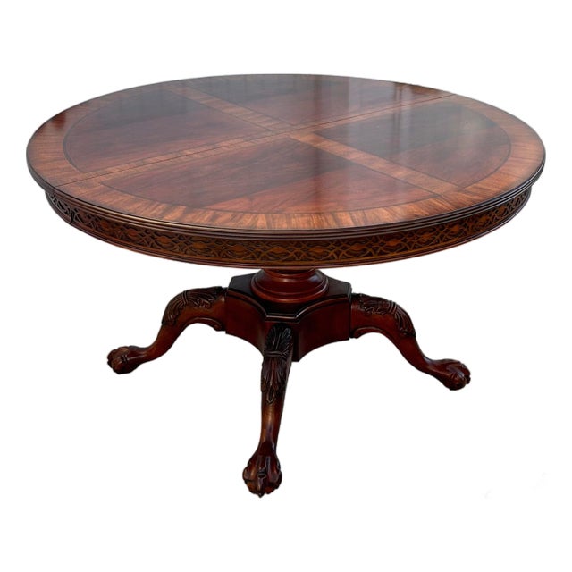 Vtg. Carved Banded Inlaid Mahogany Regency Style Round Dining Table For Sale
