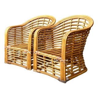 Vintage Stacked Rattan Lounge Chairs - Pair For Sale