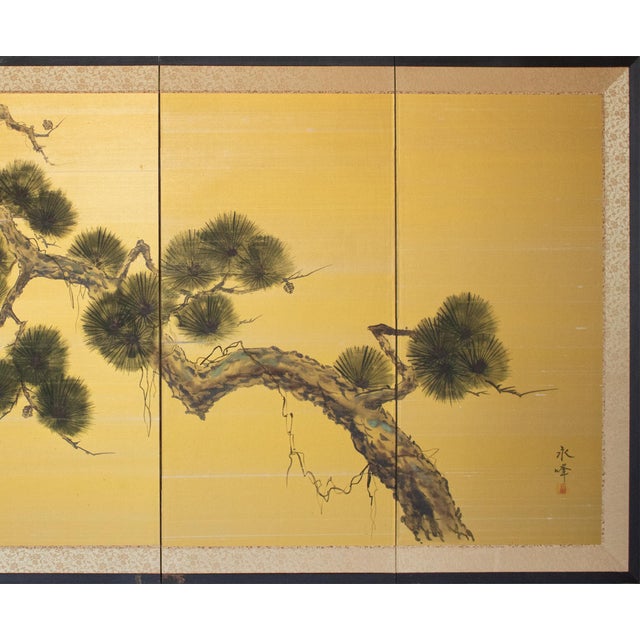 Japanese "Old Pine Tree", Pre-1964 Showa Era Japanese Painted Silk Byobu Screen For Sale - Image 3 of 17