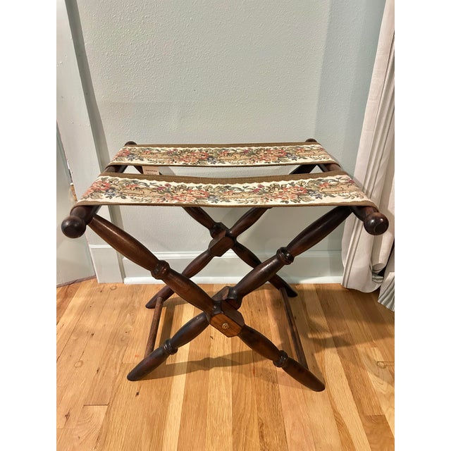 Vintage French Beechwood and Tapestry Folding Luggage Rack For Sale - Image 12 of 12