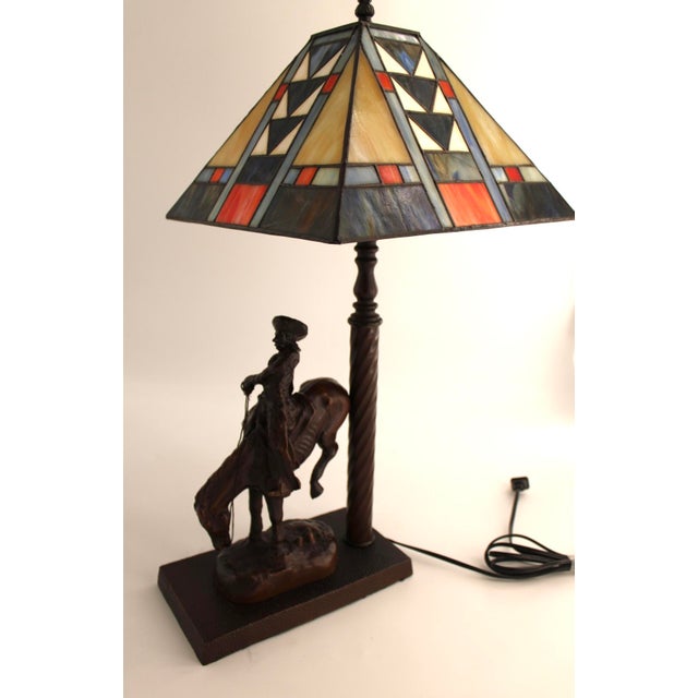 2000 - 2009 Remington Bronze "The Outlaw" Table Lamp W/ Stained Glass Shade in Mission Style For Sale - Image 5 of 13