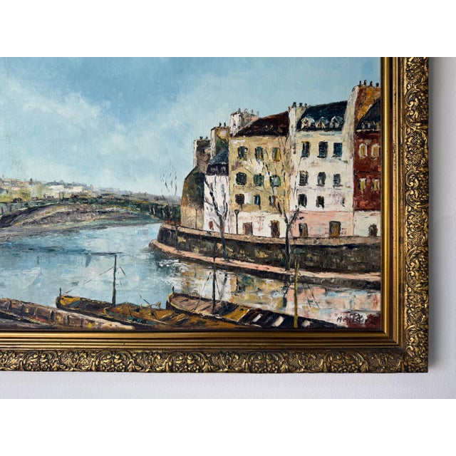 Blue Claude Mourier European River Landscape Oil on Canvas Painting, Framed For Sale - Image 8 of 12