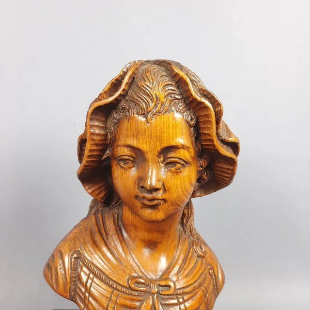 Vintage Italian Wood Sculpture Bust of Girl, 1960s For Sale - Image 9 of 15