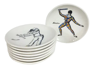 “Maschere Italiane” Circus Porcelain Coasters by Piero Fornasetti - Set of 8