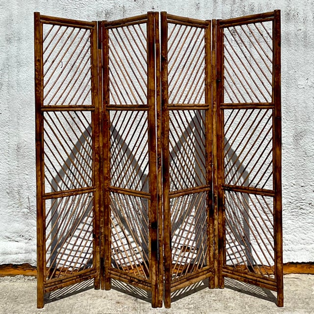 Vintage Coastal Chevron Tortoise Shell Pattern Folding Screen | Chairish