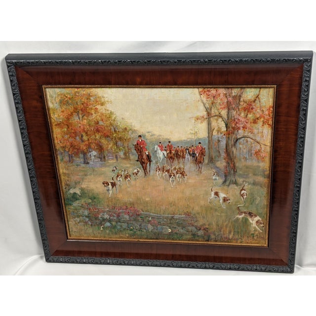 Wood Mid 20th Century V. Scoville Wing Original Equestrian Hunt Oil Painting, Red Coats, Autumn Golds, Ralph Lauren Style For Sale - Image 7 of 18