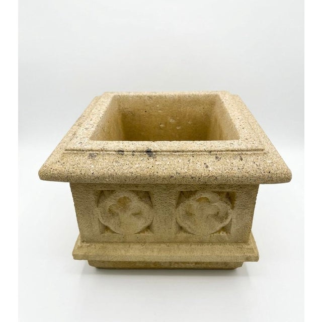 Gothic English Gothic Style Cast Stone Square Planter With Rosette Panels For Sale - Image 3 of 8