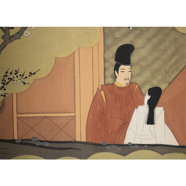 "The Tale of Genji" Early Shōwa Era Japanese Painted Silk Byobu Screen, C. 1930-1950s For Sale - Image 9 of 18