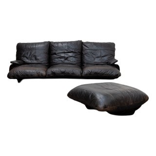 Vintage Marsala Sofa and Ottoman in Brown Leather from Ligne Roset, 1980s, Set of 2 For Sale
