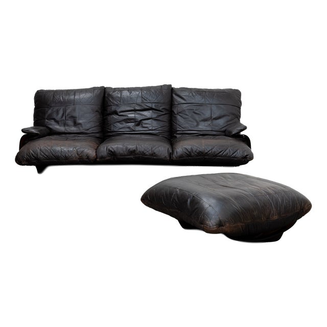 Vintage Marsala Sofa and Ottoman in Brown Leather from Ligne Roset, 1980s, Set of 2 For Sale