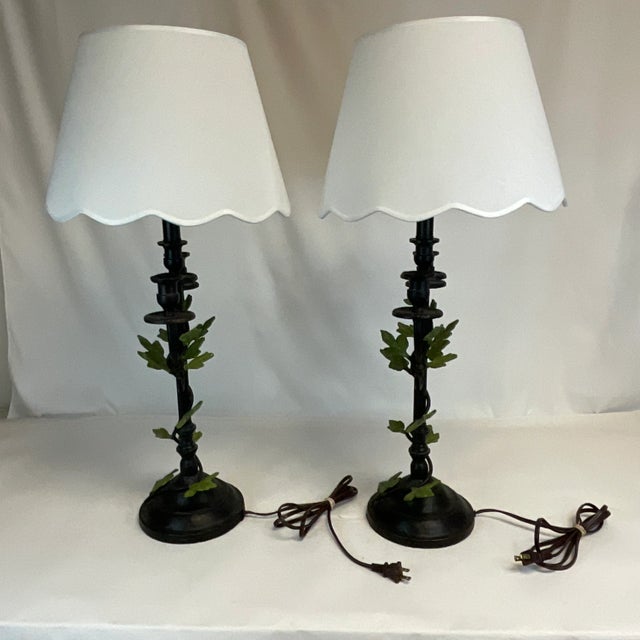 1985 Vintage Maitland-Smith French Bouillotte Style Cast Iron Table Lamp With Leaves - A Pair, Attributed, Artist Signed For Sale - Image 9 of 12