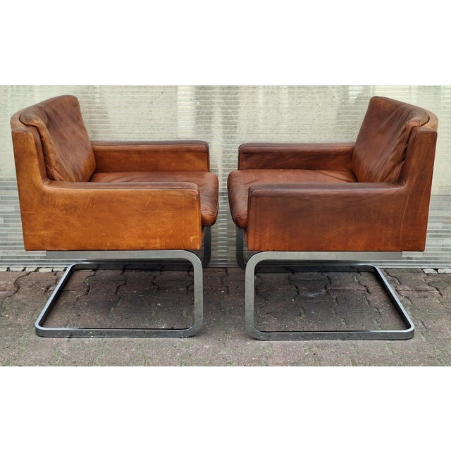Mid-Century DS 201 Armchairs in Cognac-Colored Cowhide Leather by Robert Haussmann for De Sede, 1960s, Set of 2 For Sale - Image 4 of 15