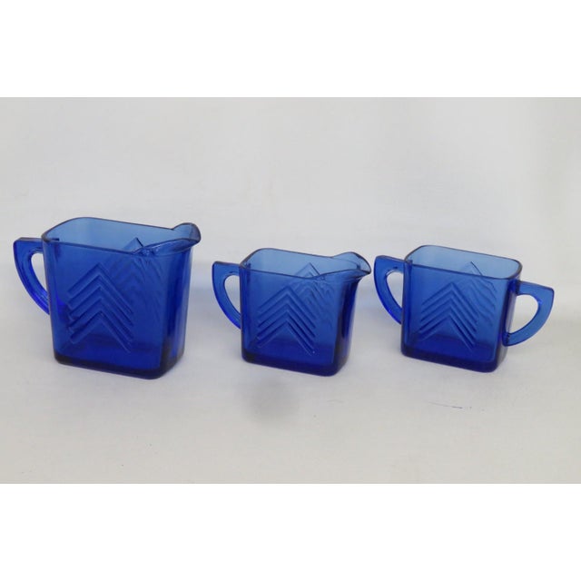 Mid 20th Century Hazel Atlas Cobalt Blue Glass Chevron 3pc Set 2 Creamers and Sugar Bowl For Sale - Image 10 of 12
