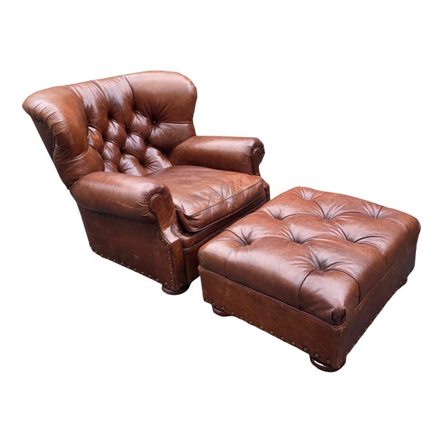 Vintage Ralph Lauren Leather Writer's Club Chair & Ottoman For Sale