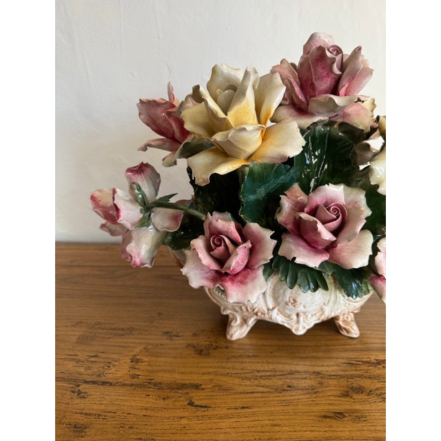 Capodimonte 1960's Capodimonte Italian Porcelain Rose Flower Basket Centerpiece, Footed Rococo Floral Bouquet Sculpture For Sale - Image 4 of 11