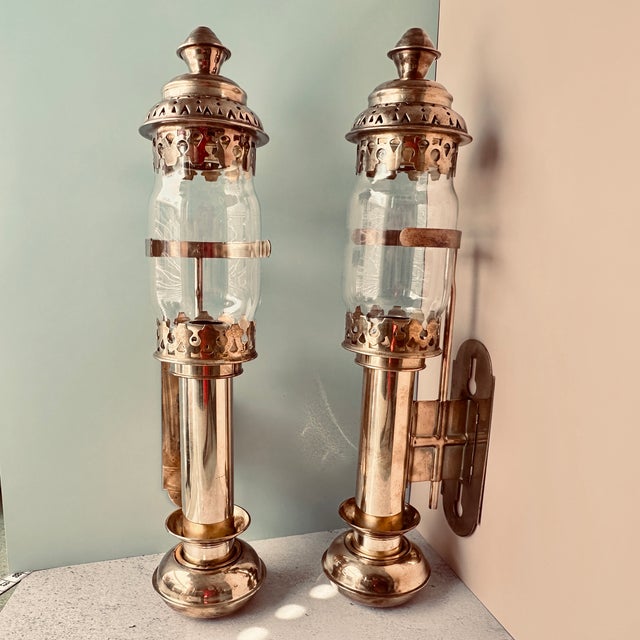 Vintage Train Carriage Light Brass & original Glass Candle Lantern, Set of 2 Railroad Carriage Wall Sconce. Victorian...